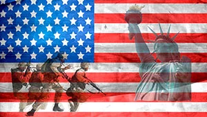 American flag and soldiers