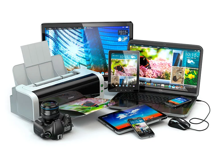 Computer devices. Mobile phone, laptop, printer, camera and tablet pc.